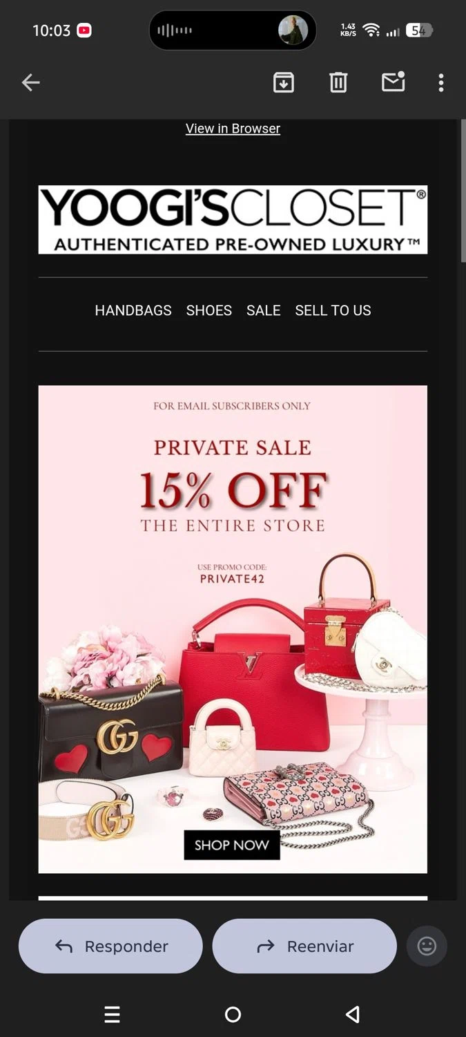 Yoogi's Closet coupon code screenshot showing code Private42 applied at Yoogi's Closet checkout page. Uploaded by SimplyCodes community member Mdeoca on Jan 26, 2026