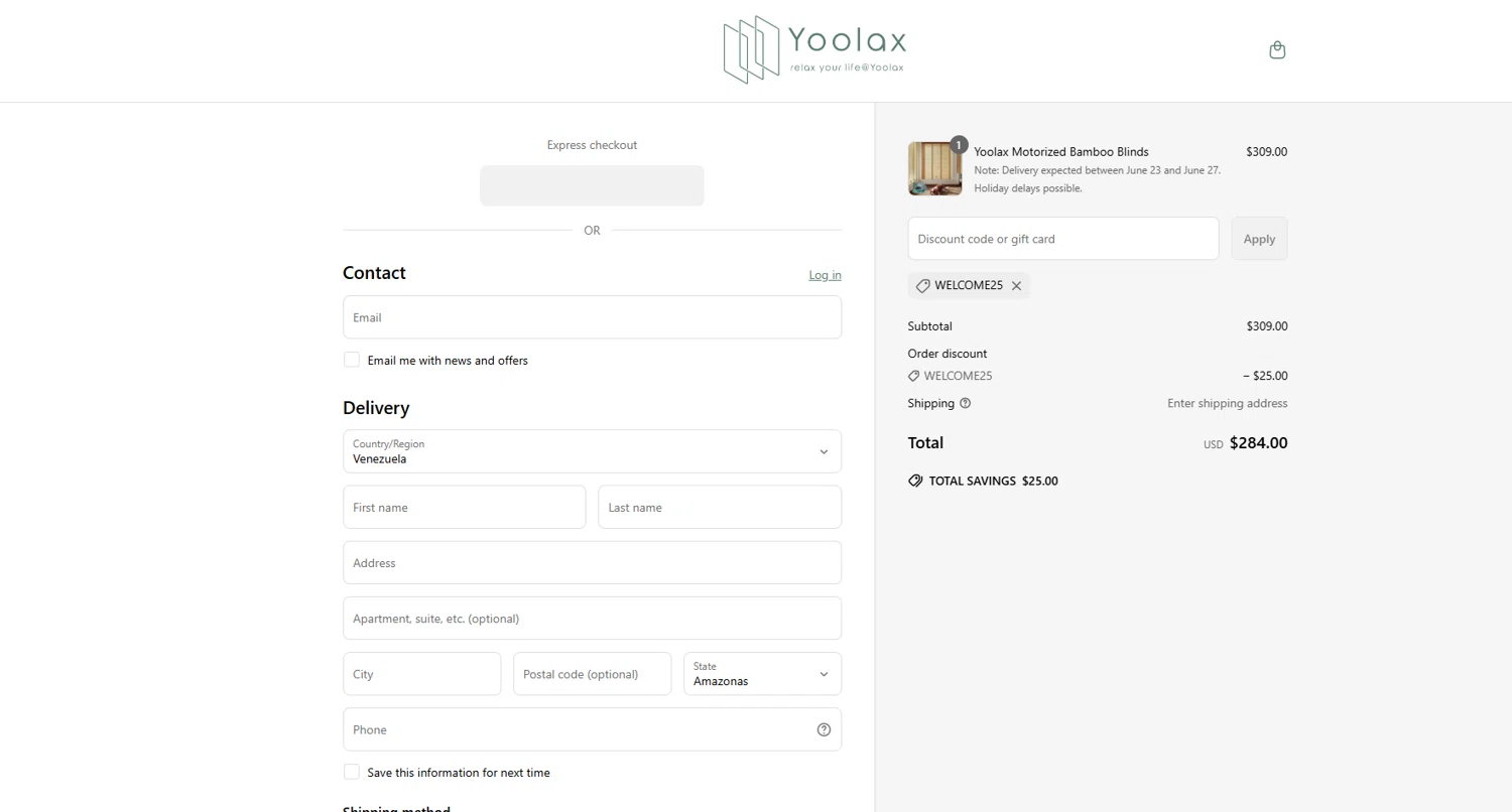 Yoolax discount code screenshot showing code WELCOME25 applied at Yoolax checkout page. Uploaded by SimplyCodes community member BargainRanger2568 on Jun 13, 2025