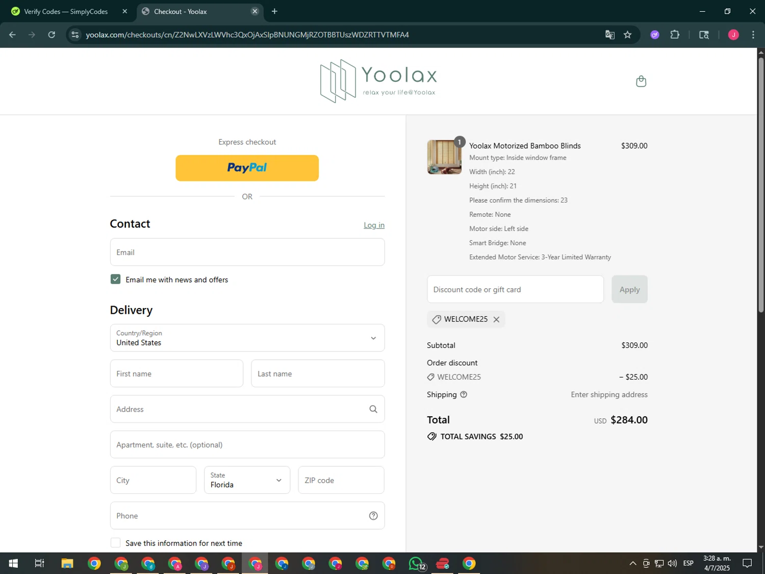 Yoolax discount code screenshot showing code WELCOME25 applied at Yoolax checkout page. Uploaded by SimplyCodes community member CleverShopper2101 on Jul 4, 2025