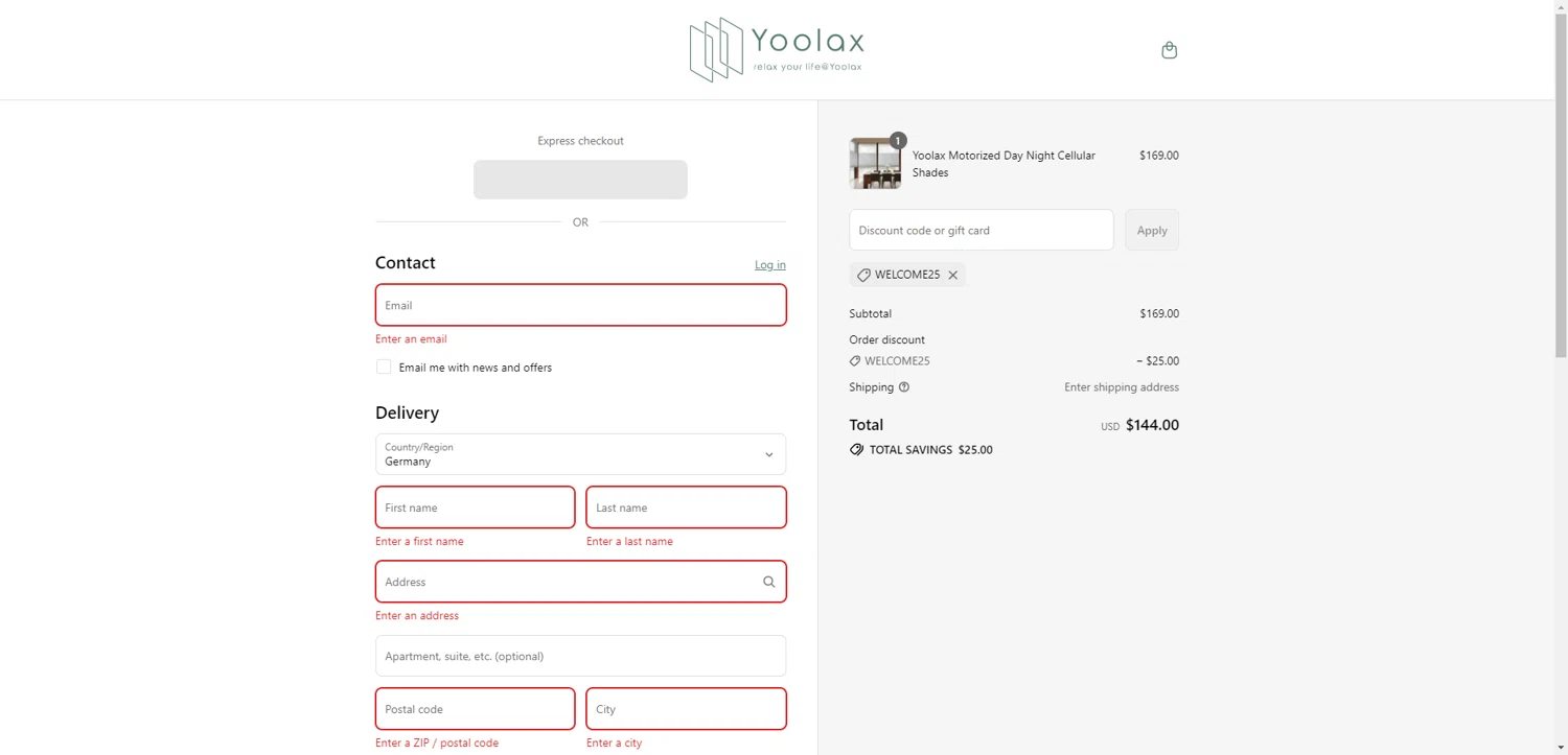 Yoolax discount code screenshot showing code WELCOME25 applied at Yoolax checkout page. Uploaded by SimplyCodes community member SilverPioneer1110 on Jul 23, 2025