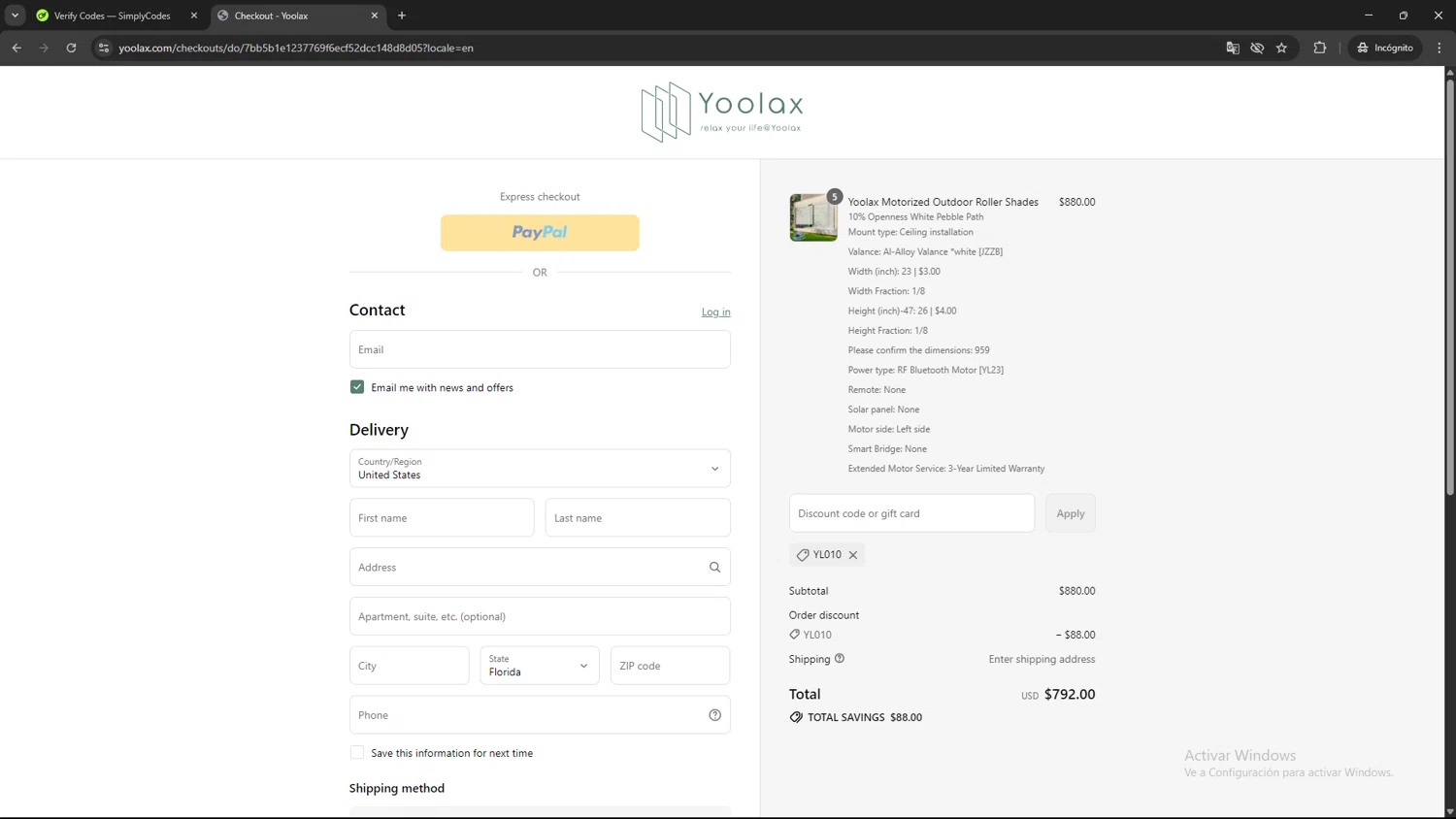 Yoolax discount code screenshot showing code YL010 applied at Yoolax checkout page. Uploaded by SimplyCodes community member AVAMUSTANG on Aug 5, 2025