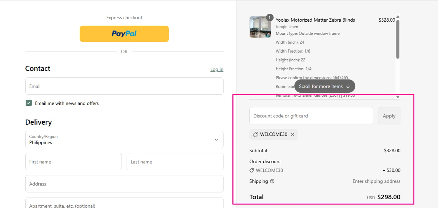 Yoolax discount code screenshot showing code WELCOME30 applied at Yoolax checkout page. Uploaded by SimplyCodes community member Swiftdealz on Apr 14, 2025