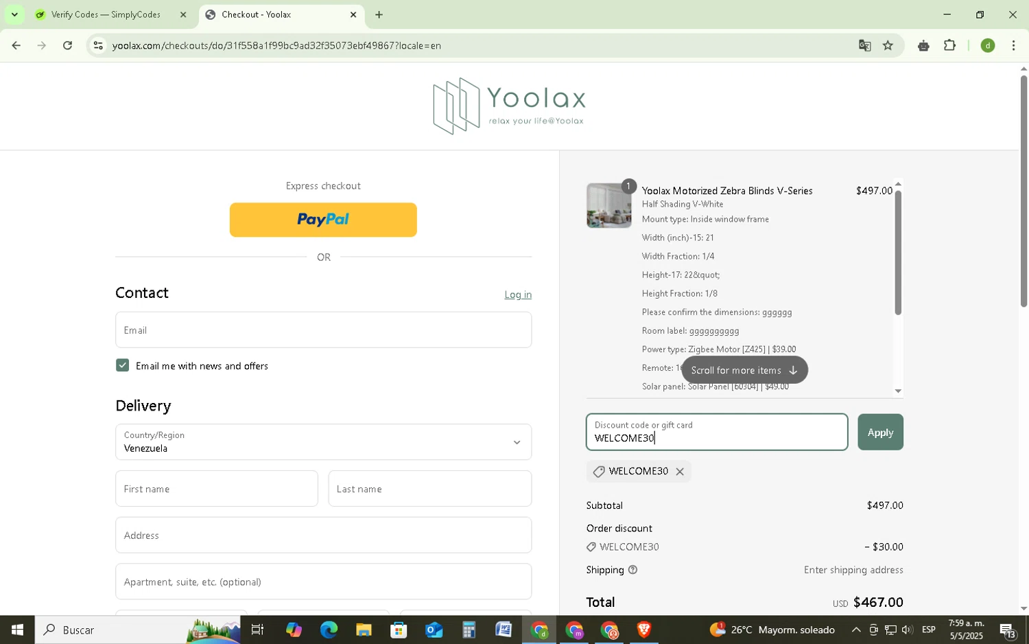 Yoolax discount code screenshot showing code WELCOME30 applied at Yoolax checkout page. Uploaded by SimplyCodes community member SavingsSentinel833 on May 5, 2025