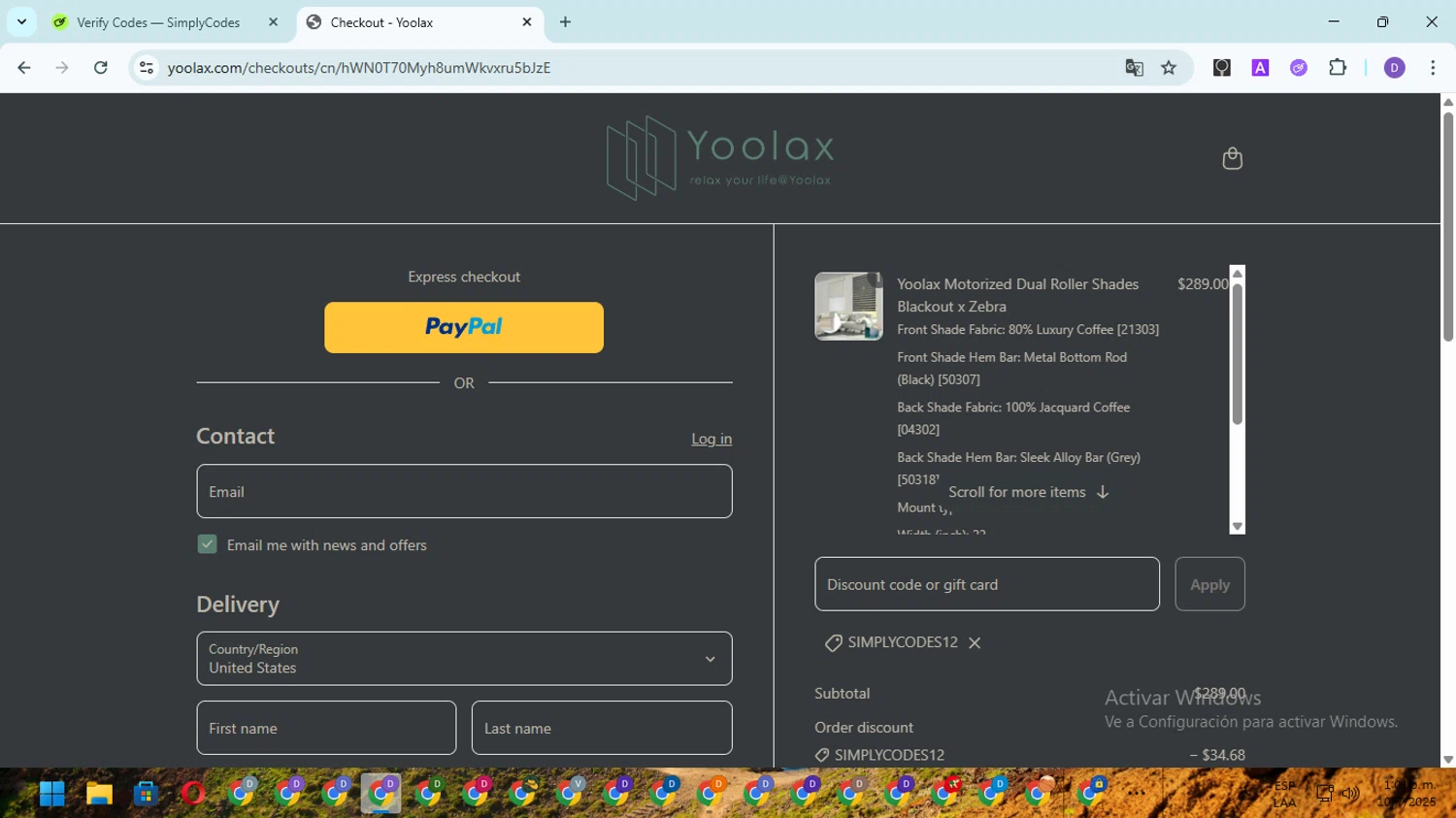 Yoolax discount code screenshot showing code SIMPLYCODES12 applied at Yoolax checkout page. Uploaded by SimplyCodes community member SavingsGuardian5156 on Jul 10, 2025