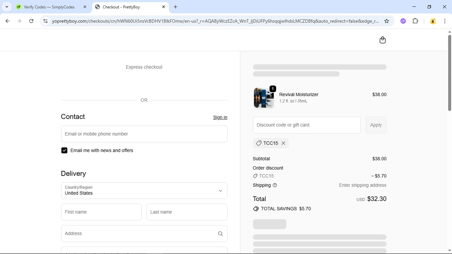 PrettyBoy discount code screenshot showing code TCC15 applied at PrettyBoy checkout page. Uploaded by SimplyCodes community member GloriousSage2502 on Dec 3, 2025
