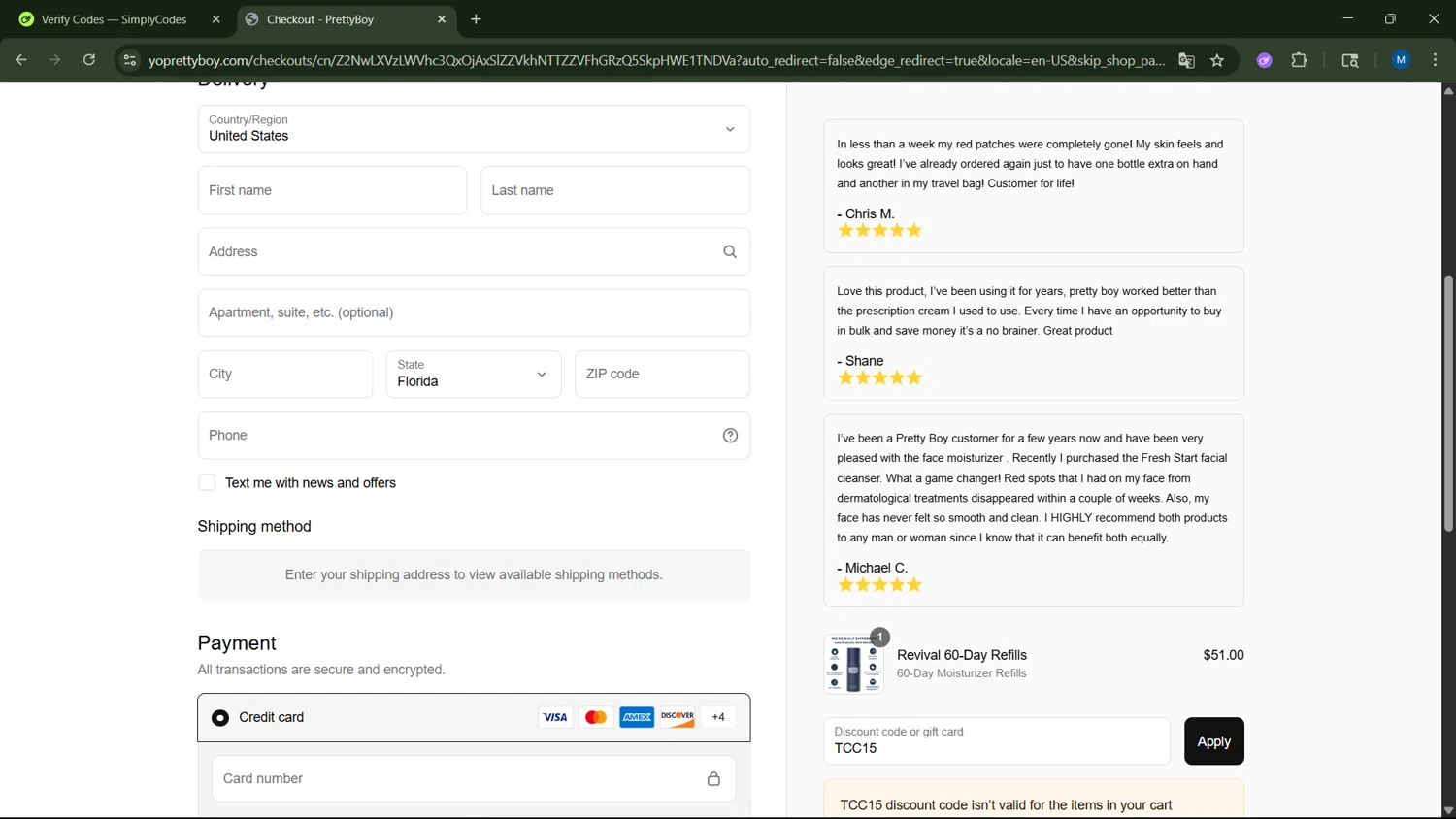 PrettyBoy discount code screenshot showing code TCC15 applied at PrettyBoy checkout page. Uploaded by SimplyCodes community member ScanNavigator5190 on May 23, 2025