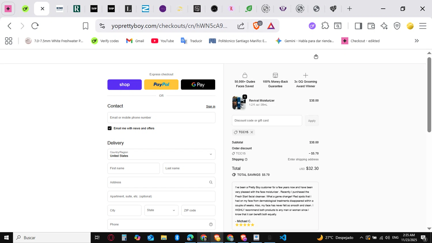 PrettyBoy discount code screenshot showing code TCC15 applied at PrettyBoy checkout page. Uploaded by SimplyCodes community member conorgrey on Nov 23, 2025