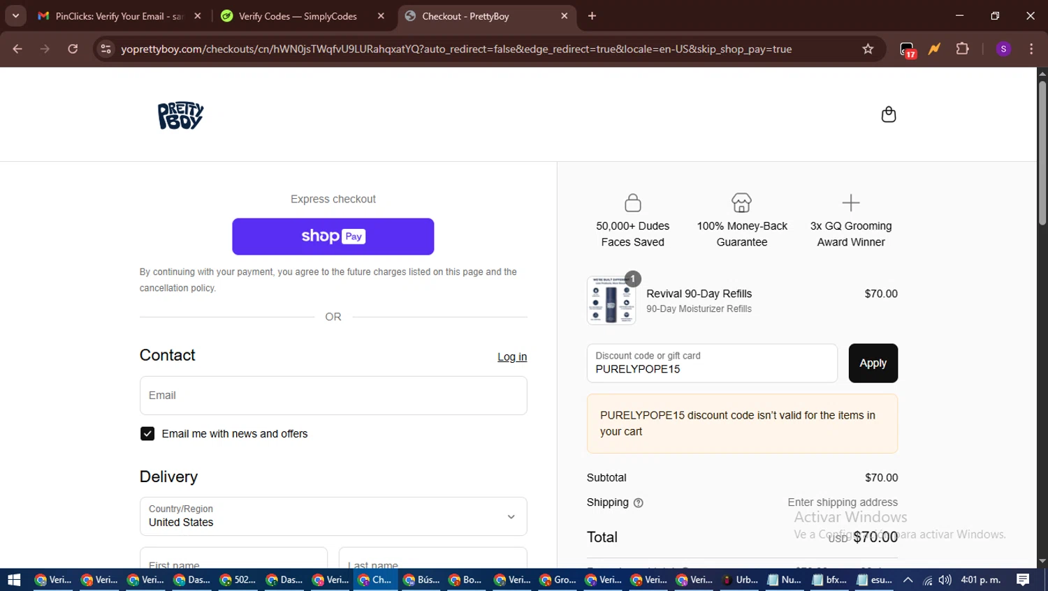 PrettyBoy discount code screenshot showing code PURELYPOPE15 applied at PrettyBoy checkout page. Uploaded by SimplyCodes community member ShieldWarden7838 on Jul 17, 2025