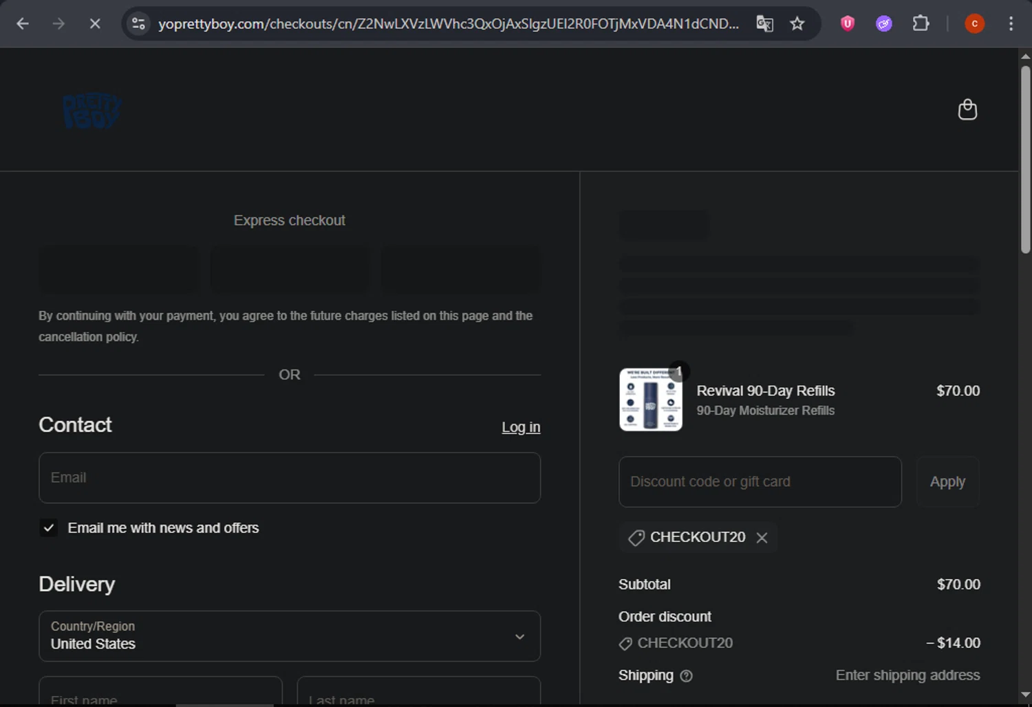 PrettyBoy discount code screenshot showing code CHECKOUT20 applied at PrettyBoy checkout page. Uploaded by SimplyCodes community member CashSage6731 on Jun 6, 2025