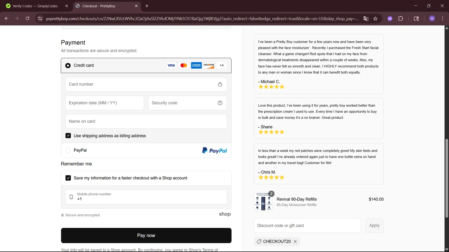 PrettyBoy discount code screenshot showing code CHECKOUT20 applied at PrettyBoy checkout page. Uploaded by SimplyCodes community member MightyShopper3015 on May 23, 2025