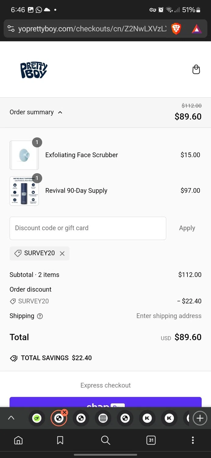 PrettyBoy discount code screenshot showing code SURVEY20 applied at PrettyBoy checkout page. Uploaded by SimplyCodes community member conorgrey on Feb 7, 2025