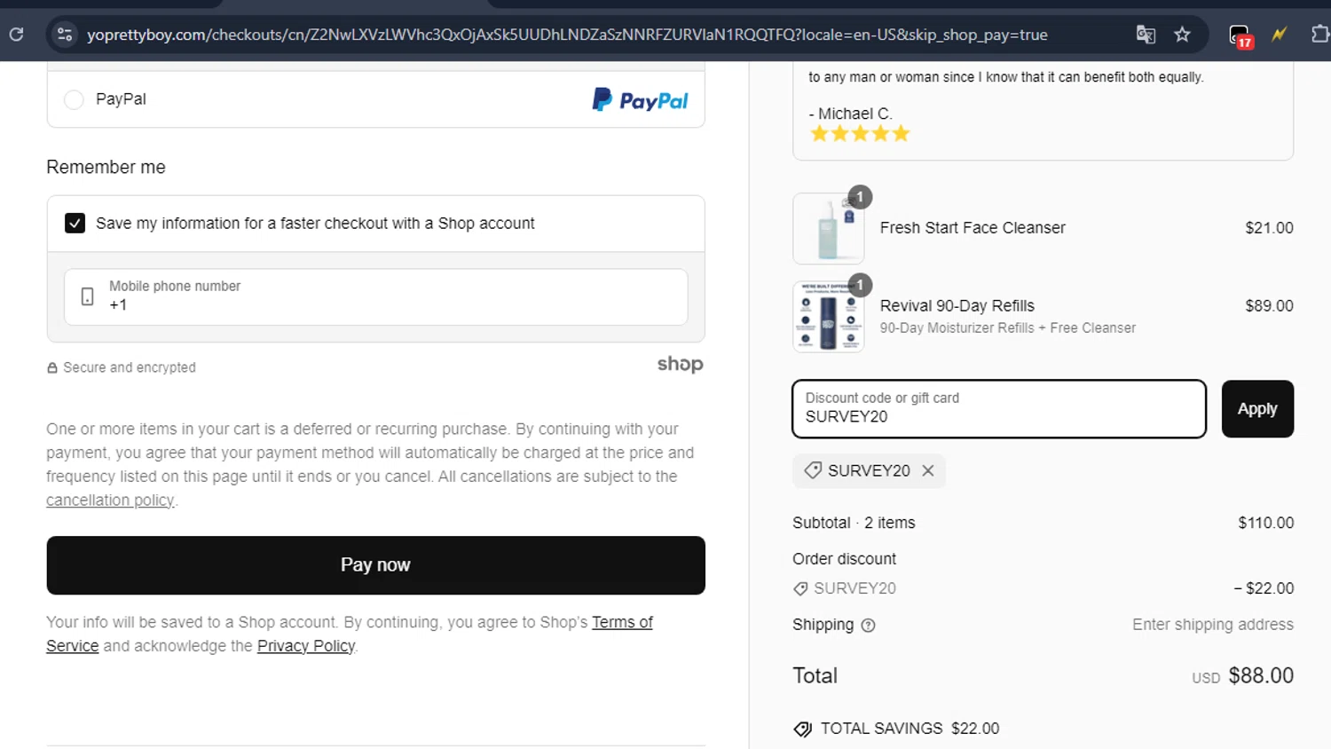 PrettyBoy discount code screenshot showing code SURVEY20 applied at PrettyBoy checkout page. Uploaded by SimplyCodes community member six_eyes on Mar 8, 2025