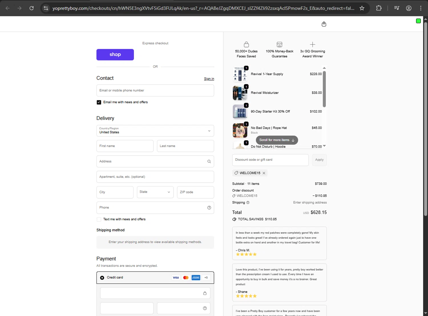 PrettyBoy discount code screenshot showing code welcome15 applied at PrettyBoy checkout page. Uploaded by SimplyCodes community member anthonyramirez1 on Nov 13, 2025