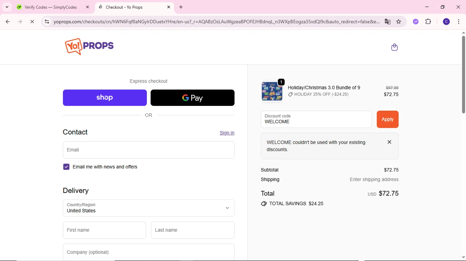 Yo Props discount code screenshot showing code WELCOME applied at Yo Props checkout page. Uploaded by SimplyCodes community member MoneyWizard2699 on Dec 10, 2025