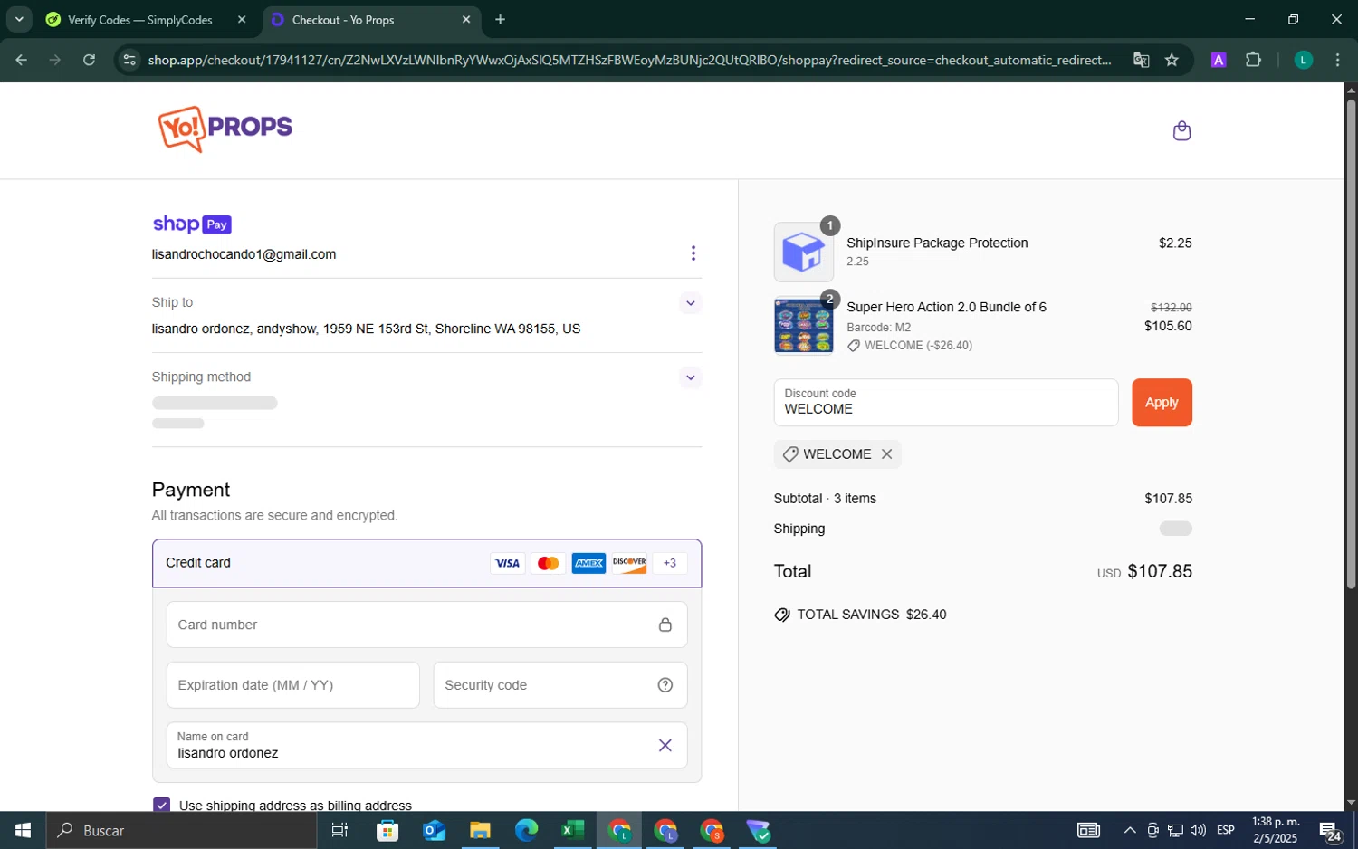 Yo Props discount code screenshot showing code WELCOME applied at Yo Props checkout page. Uploaded by SimplyCodes community member ValueExpert7524 on May 2, 2025