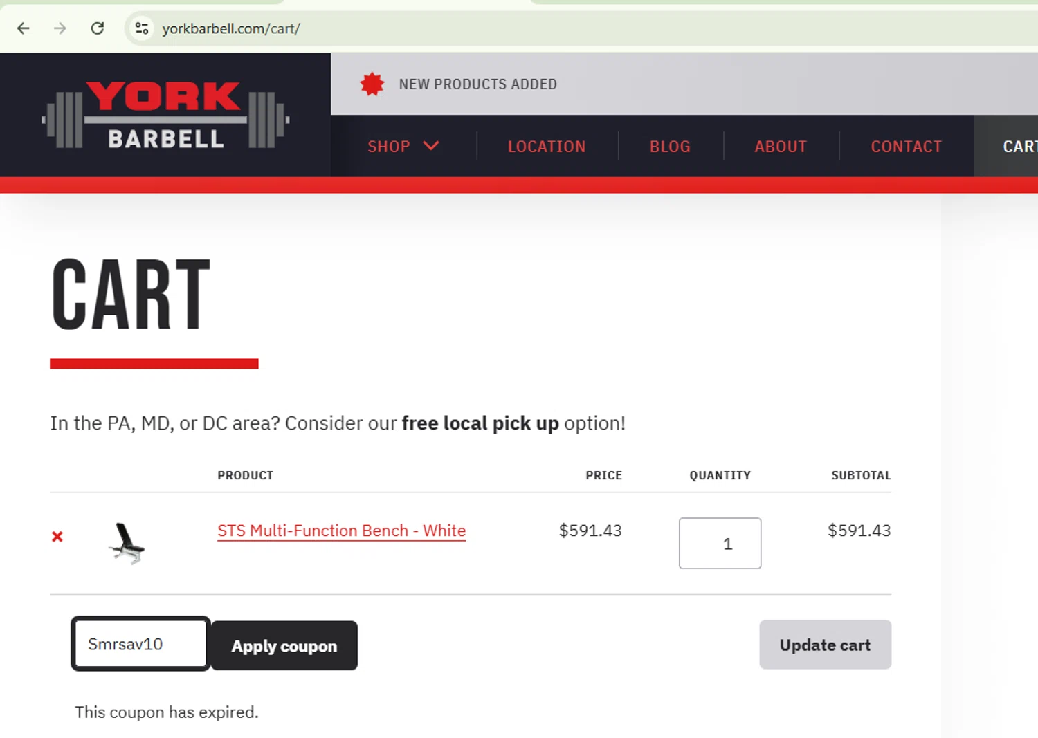 York Barbell coupon code screenshot showing code Smrsav10 applied at York Barbell checkout page. Uploaded by SimplyCodes community member EpicKnight6740 on Feb 22, 2025