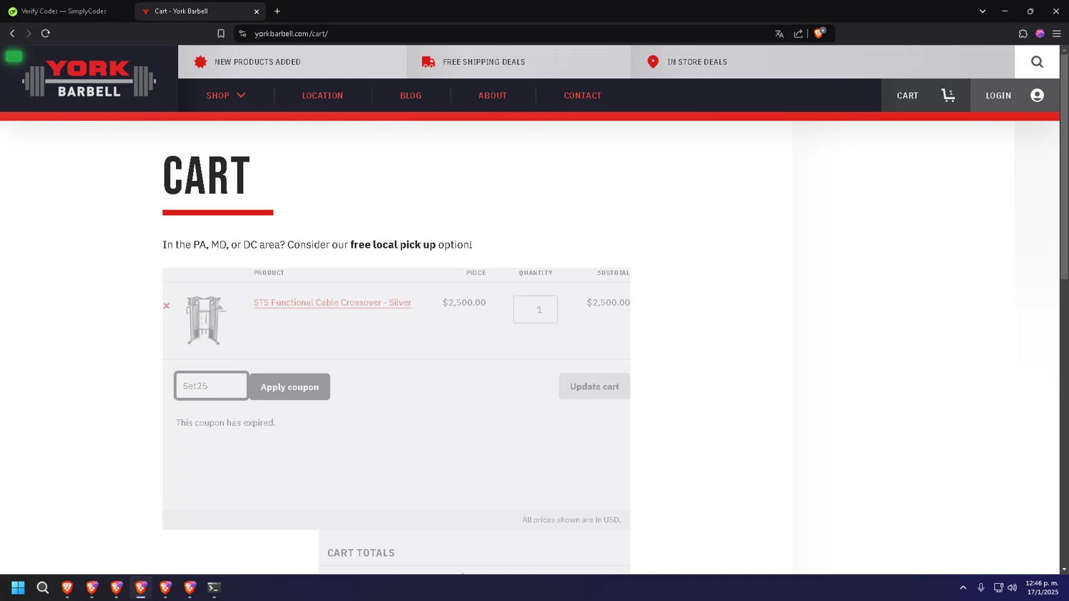 York Barbell coupon code screenshot showing code Set25 applied at York Barbell checkout page. Uploaded by SimplyCodes community member usercod909090 on Jan 17, 2025