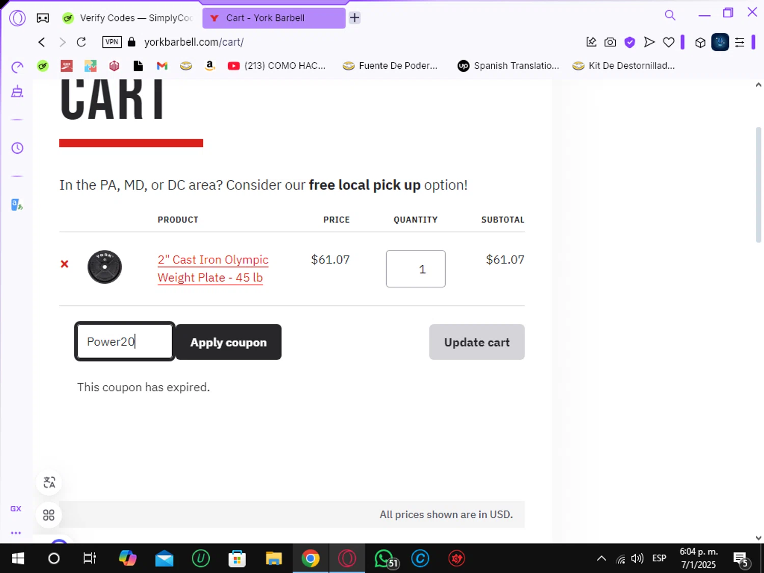 York Barbell coupon code screenshot showing code Power20 applied at York Barbell checkout page. Uploaded by SimplyCodes community member Crchirino1 on Jan 7, 2025