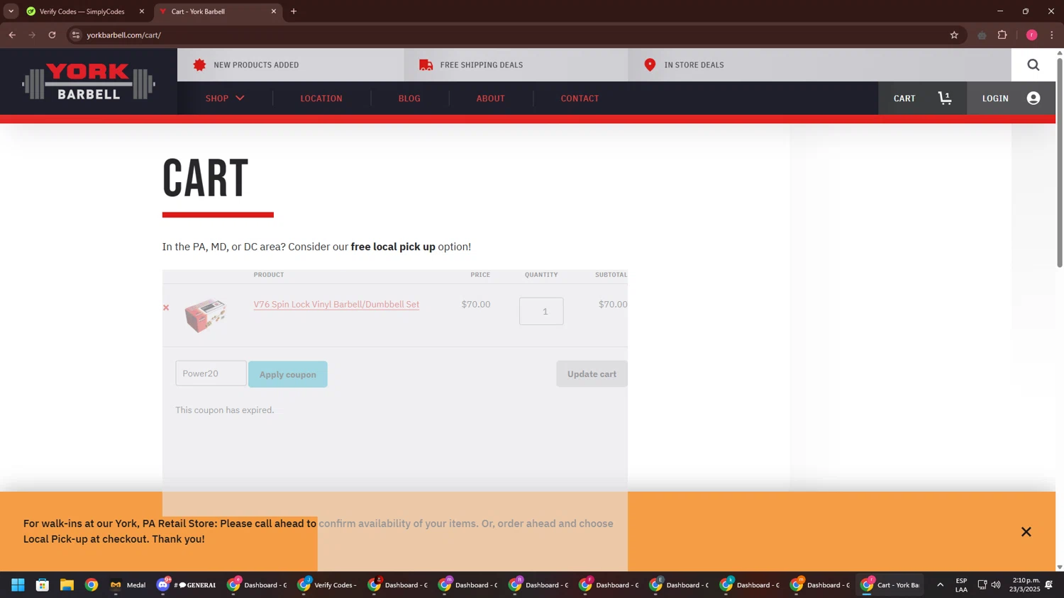 York Barbell coupon code screenshot showing code Power20 applied at York Barbell checkout page. Uploaded by SimplyCodes community member CouponSage7331 on Mar 23, 2025