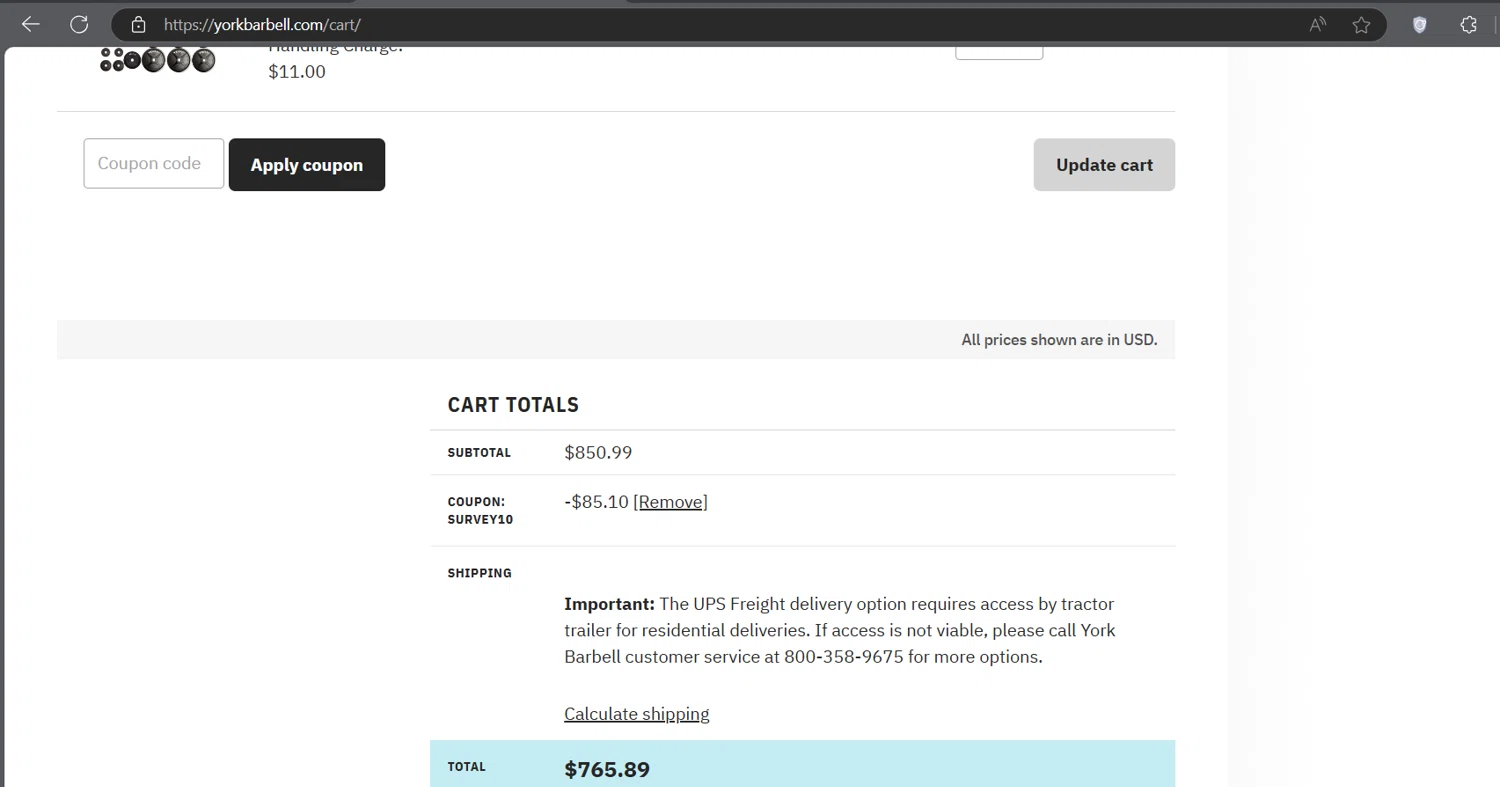 York Barbell checkout page showing York Barbell coupon code box | Screenshot taken by SimplyCodes community member on Sep 28, 2024