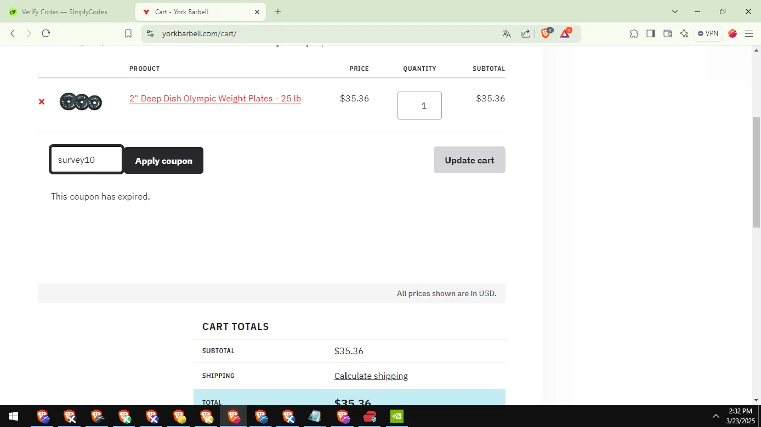 York Barbell coupon code screenshot showing code survey10 applied at York Barbell checkout page. Uploaded by SimplyCodes community member ValueFox5508 on Mar 23, 2025