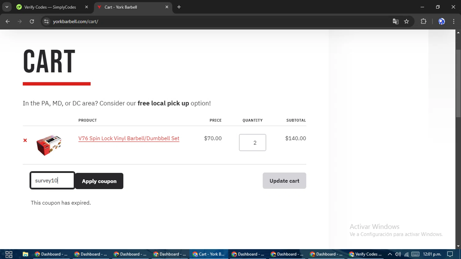 York Barbell coupon code screenshot showing code survey10 applied at York Barbell checkout page. Uploaded by SimplyCodes community member WiseHunter8213 on Feb 20, 2025