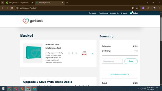 YorkTest checkout page showing YorkTest discount code box | Screenshot taken by SimplyCodes community member on Jul 23, 2025