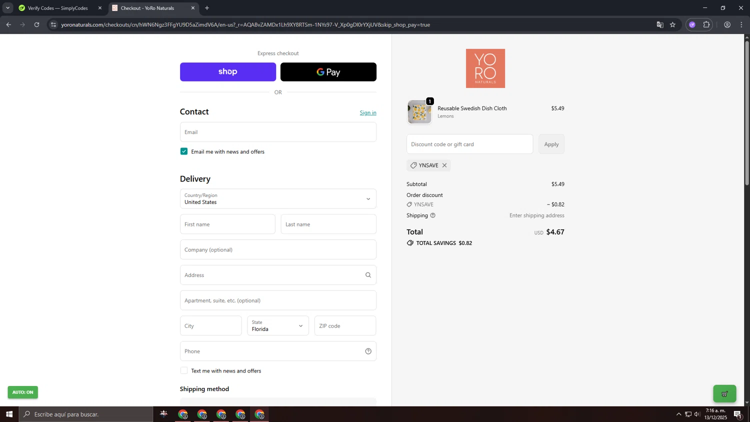 YoRo Naturals promo code screenshot showing code YNSAVE applied at YoRo Naturals checkout page. Uploaded by SimplyCodes community member CashSage1885 on Dec 13, 2025