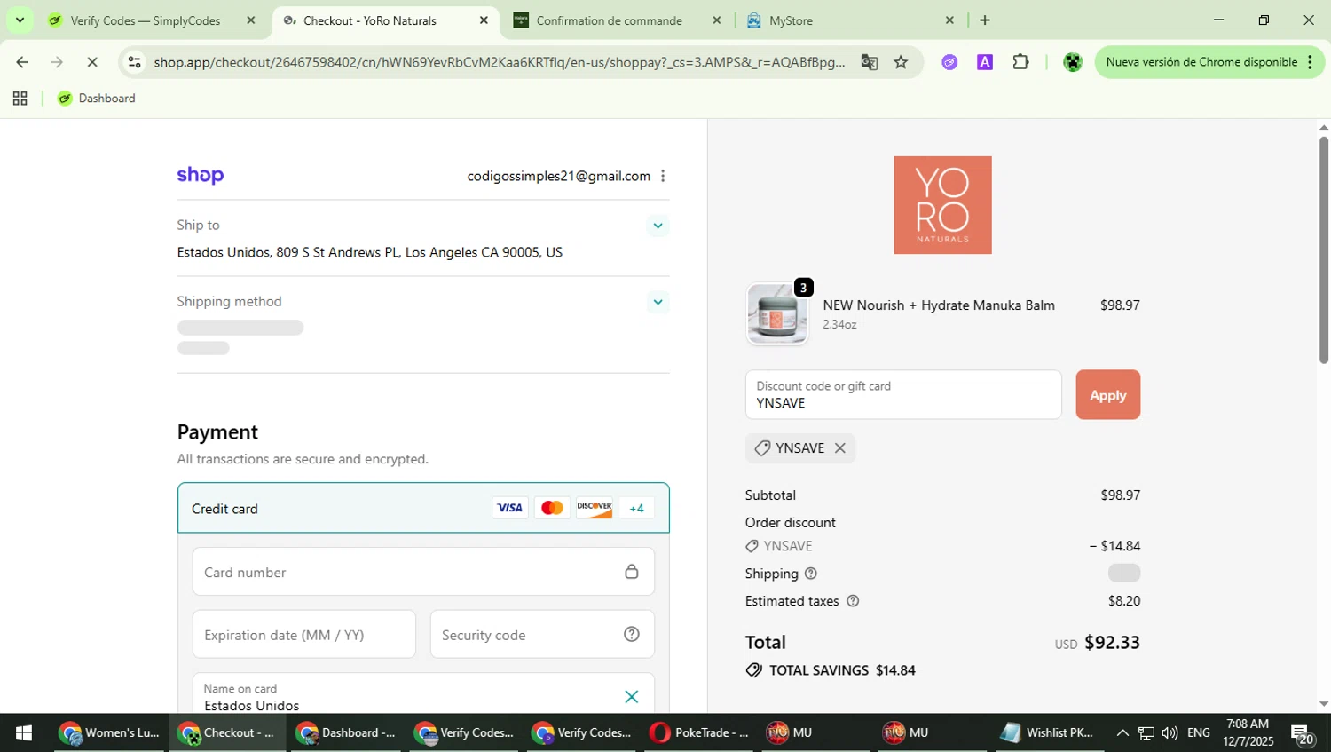 YoRo Naturals promo code screenshot showing code YNSAVE applied at YoRo Naturals checkout page. Uploaded by SimplyCodes community member MaitoGai on Dec 7, 2025