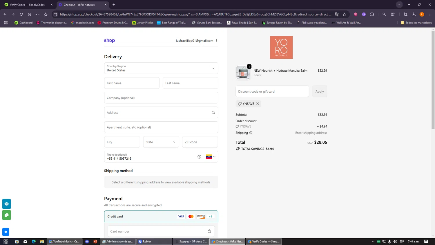 YoRo Naturals promo code screenshot showing code YNSAVE applied at YoRo Naturals checkout page. Uploaded by SimplyCodes community member VayneChambeadora on Dec 31, 2025