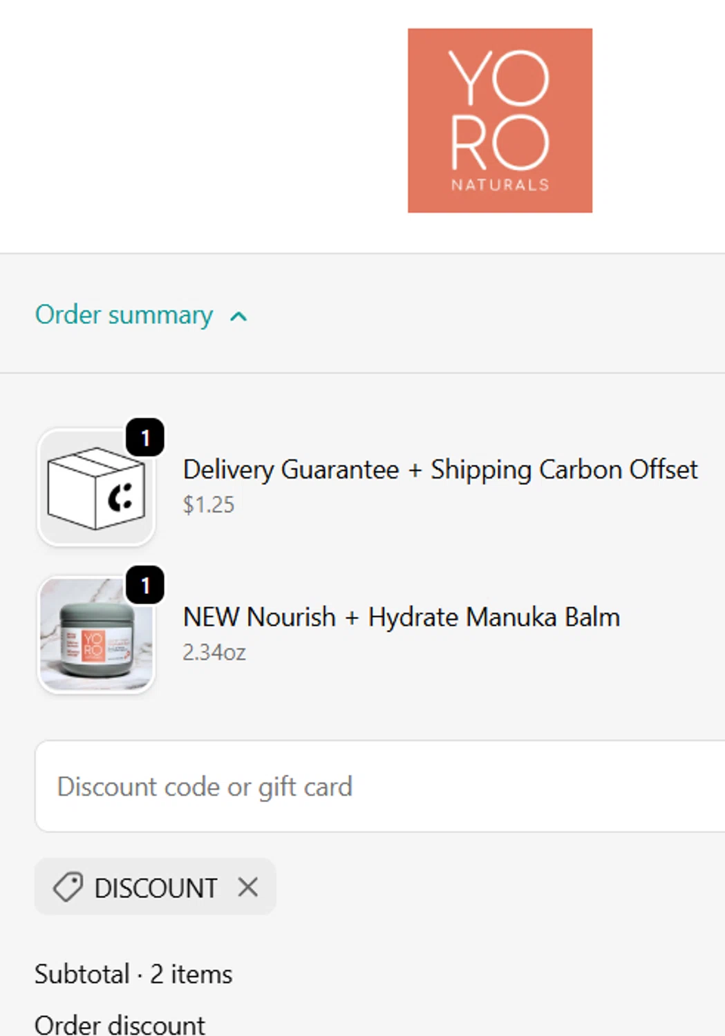YoRo Naturals promo code screenshot showing code DISCOUNT applied at YoRo Naturals checkout page. Uploaded by SimplyCodes community member GoldLynx7797 on Dec 12, 2025