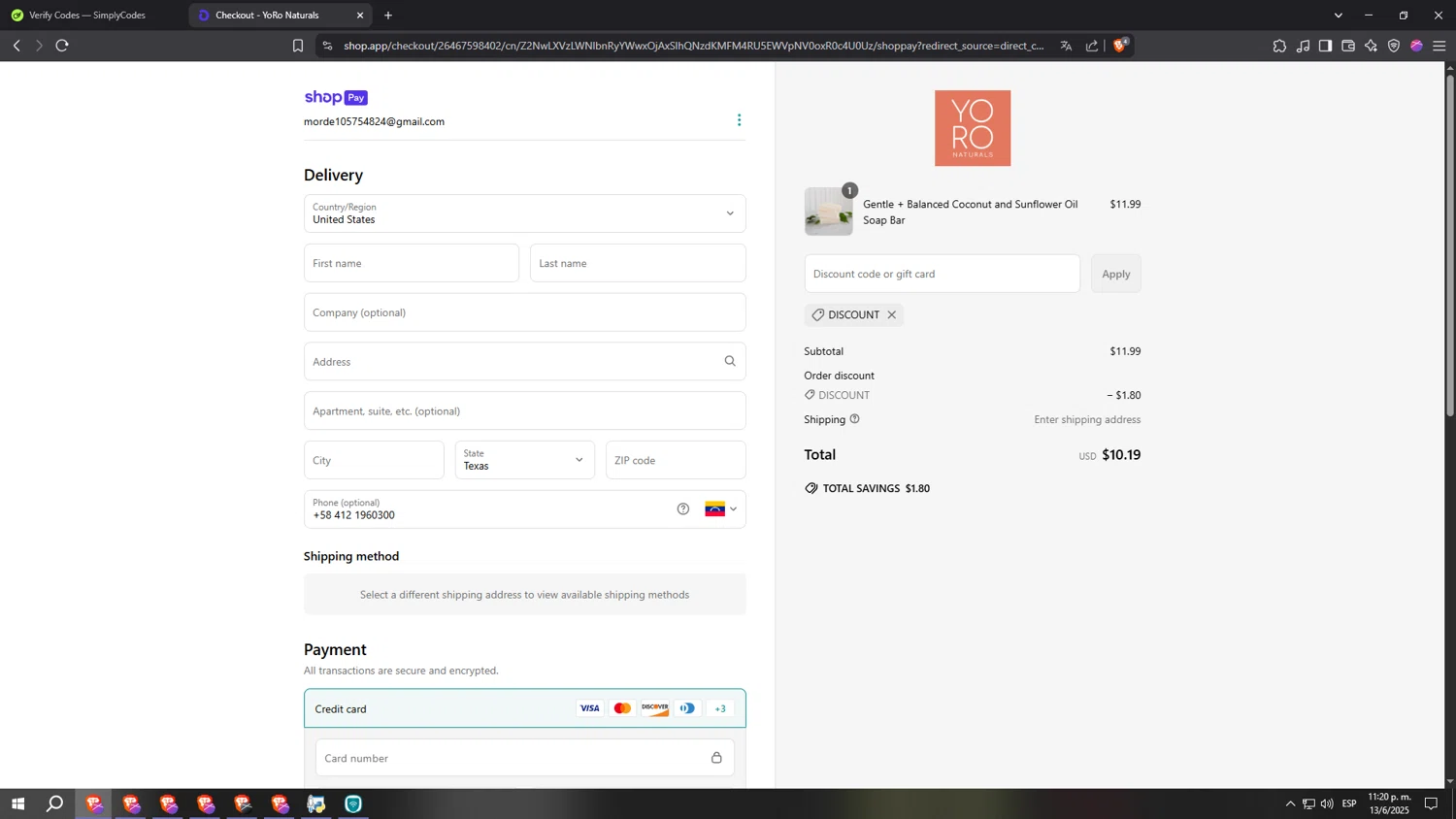 YoRo Naturals promo code screenshot showing code DISCOUNT applied at YoRo Naturals checkout page. Uploaded by SimplyCodes community member aaaaaaaaaaaaaaaaaaaaa on Jun 14, 2025