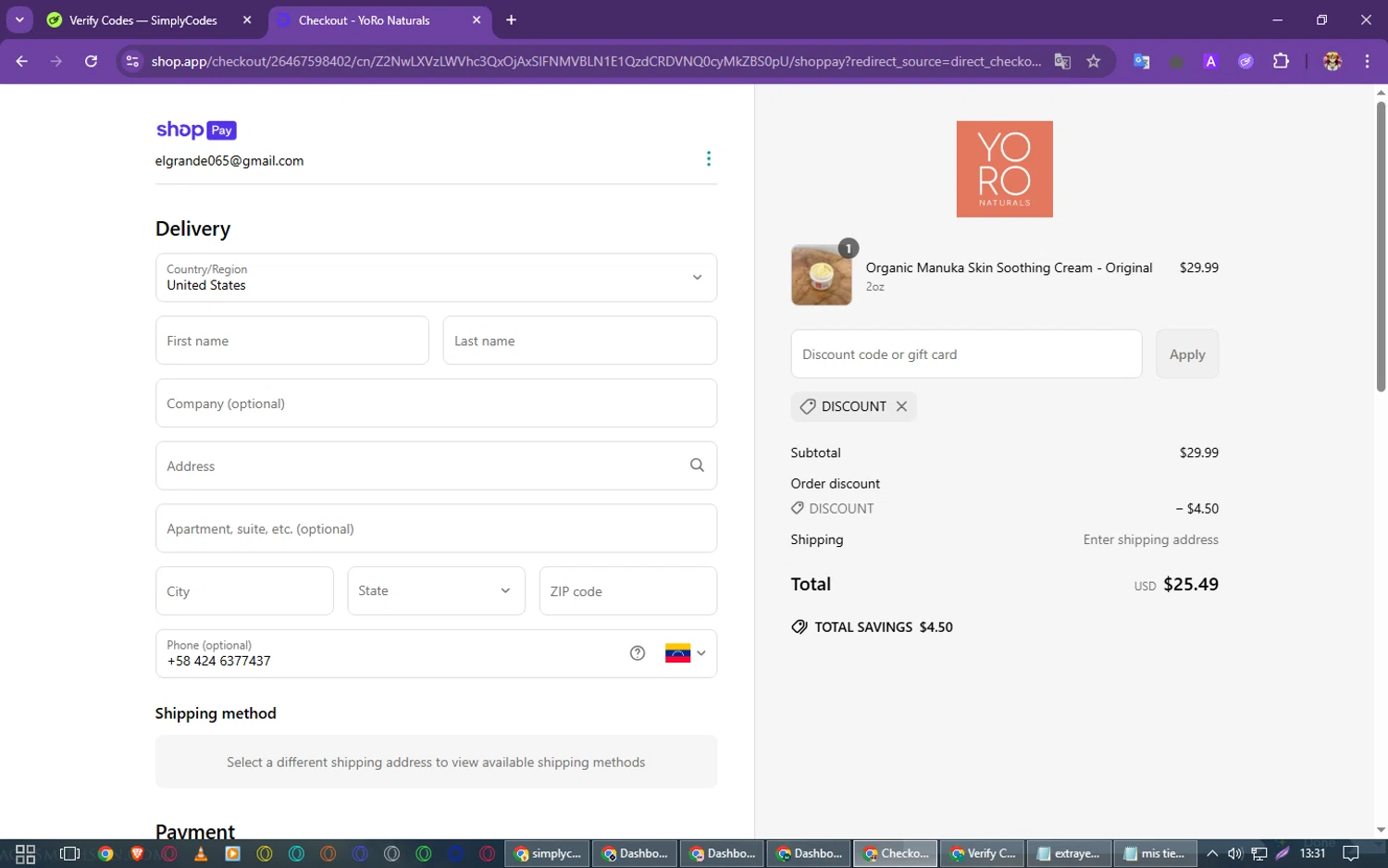 YoRo Naturals promo code screenshot showing code DISCOUNT applied at YoRo Naturals checkout page. Uploaded by SimplyCodes community member PrimeSeeker905 on Mar 30, 2025