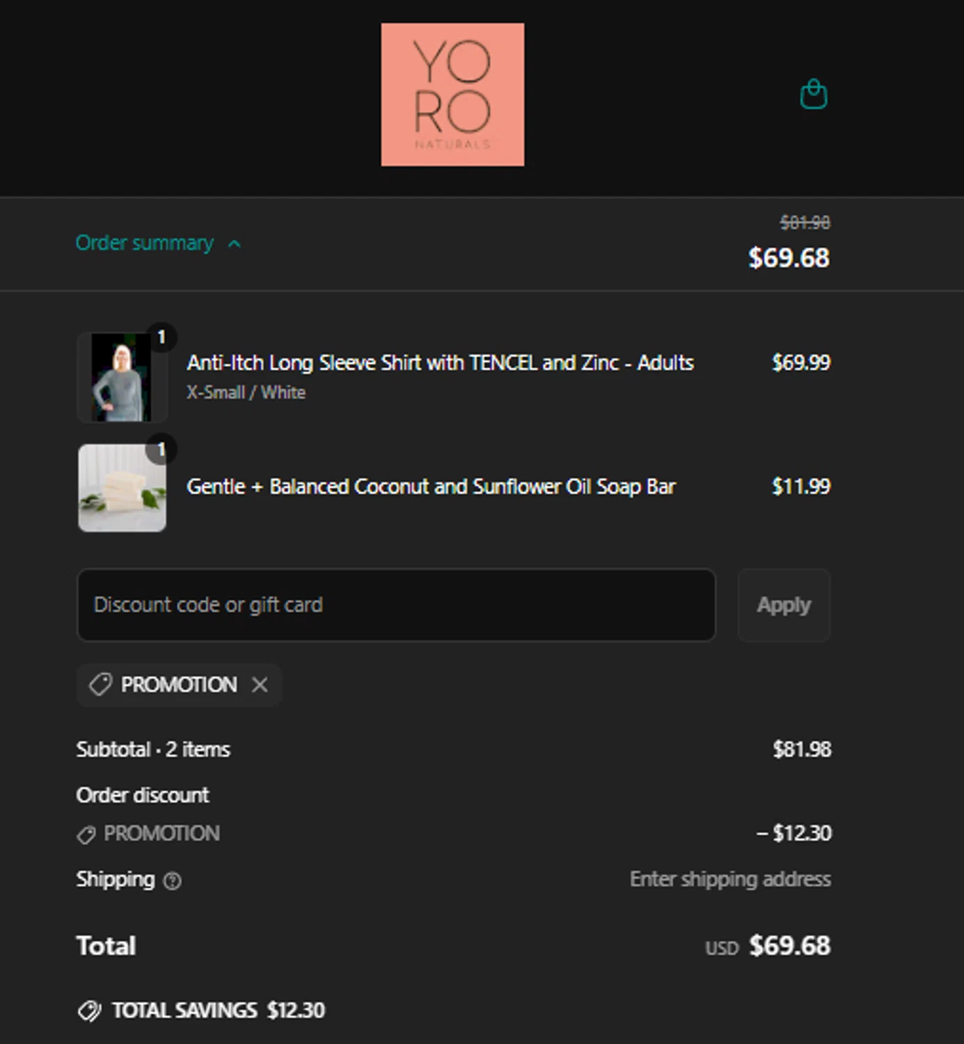 YoRo Naturals promo code screenshot showing code PROMOTION applied at YoRo Naturals checkout page. Uploaded by SimplyCodes community member idkxxx on Jun 1, 2025