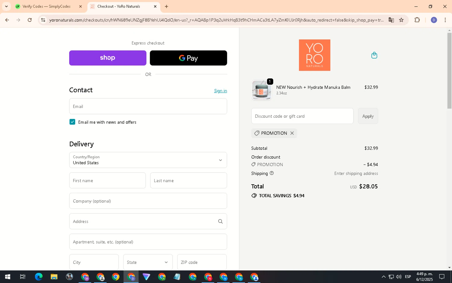 YoRo Naturals promo code screenshot showing code PROMOTION applied at YoRo Naturals checkout page. Uploaded by SimplyCodes community member PennyCurator6489 on Dec 6, 2025