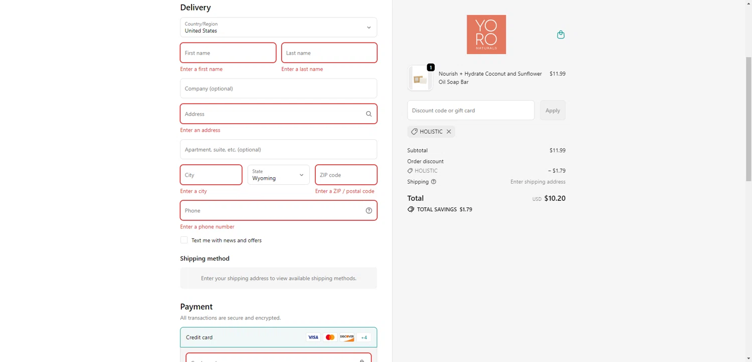 YoRo Naturals promo code screenshot showing code HOLISTIC applied at YoRo Naturals checkout page. Uploaded by SimplyCodes community member EpicEagle816 on Dec 12, 2025