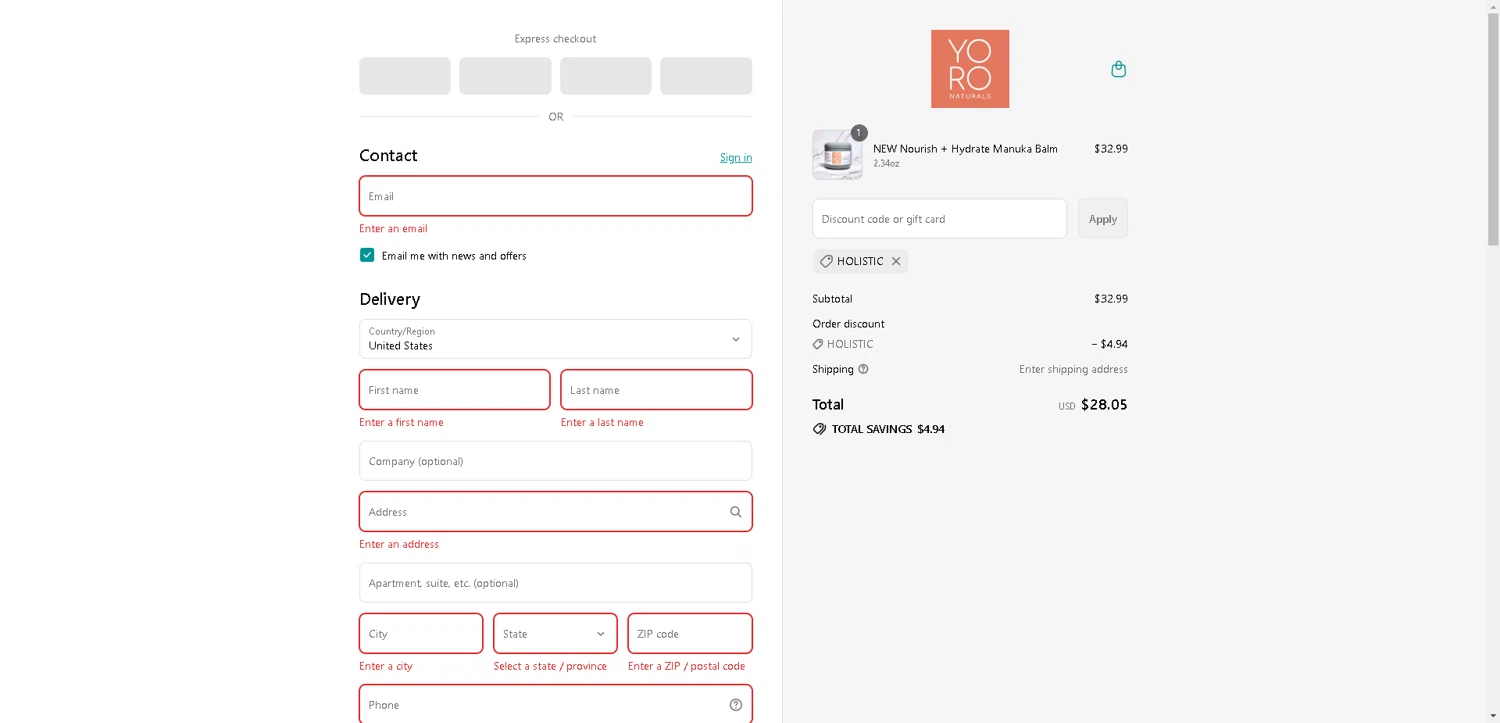 YoRo Naturals promo code screenshot showing code HOLISTIC applied at YoRo Naturals checkout page. Uploaded by SimplyCodes community member aver_136263192 on Sep 15, 2025