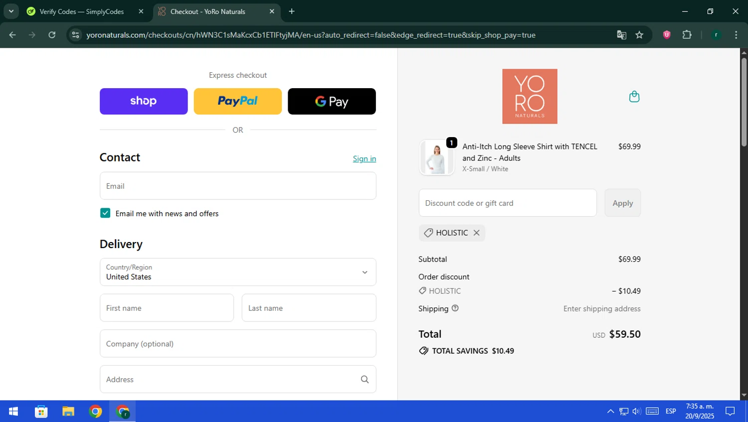 YoRo Naturals promo code screenshot showing code HOLISTIC applied at YoRo Naturals checkout page. Uploaded by SimplyCodes community member rodri1 on Sep 20, 2025