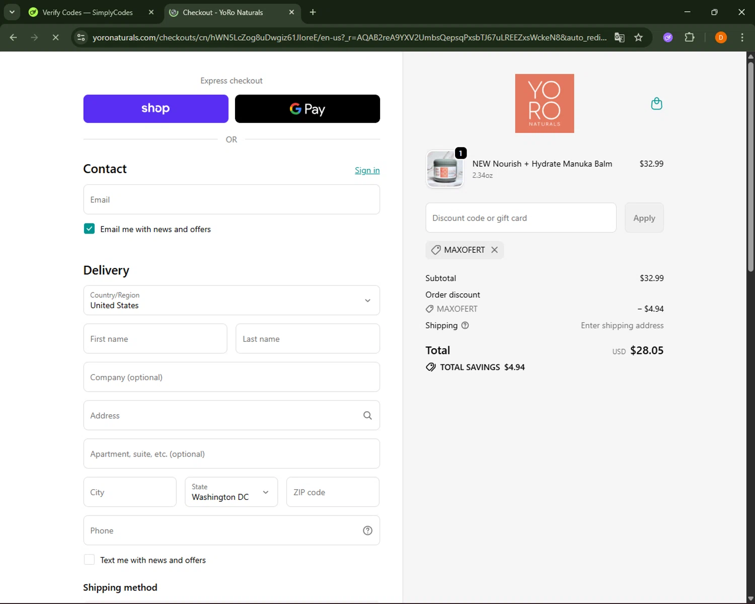 YoRo Naturals promo code screenshot showing code MAXOFERT applied at YoRo Naturals checkout page. Uploaded by SimplyCodes community member FrugalFalcon351 on Nov 16, 2025