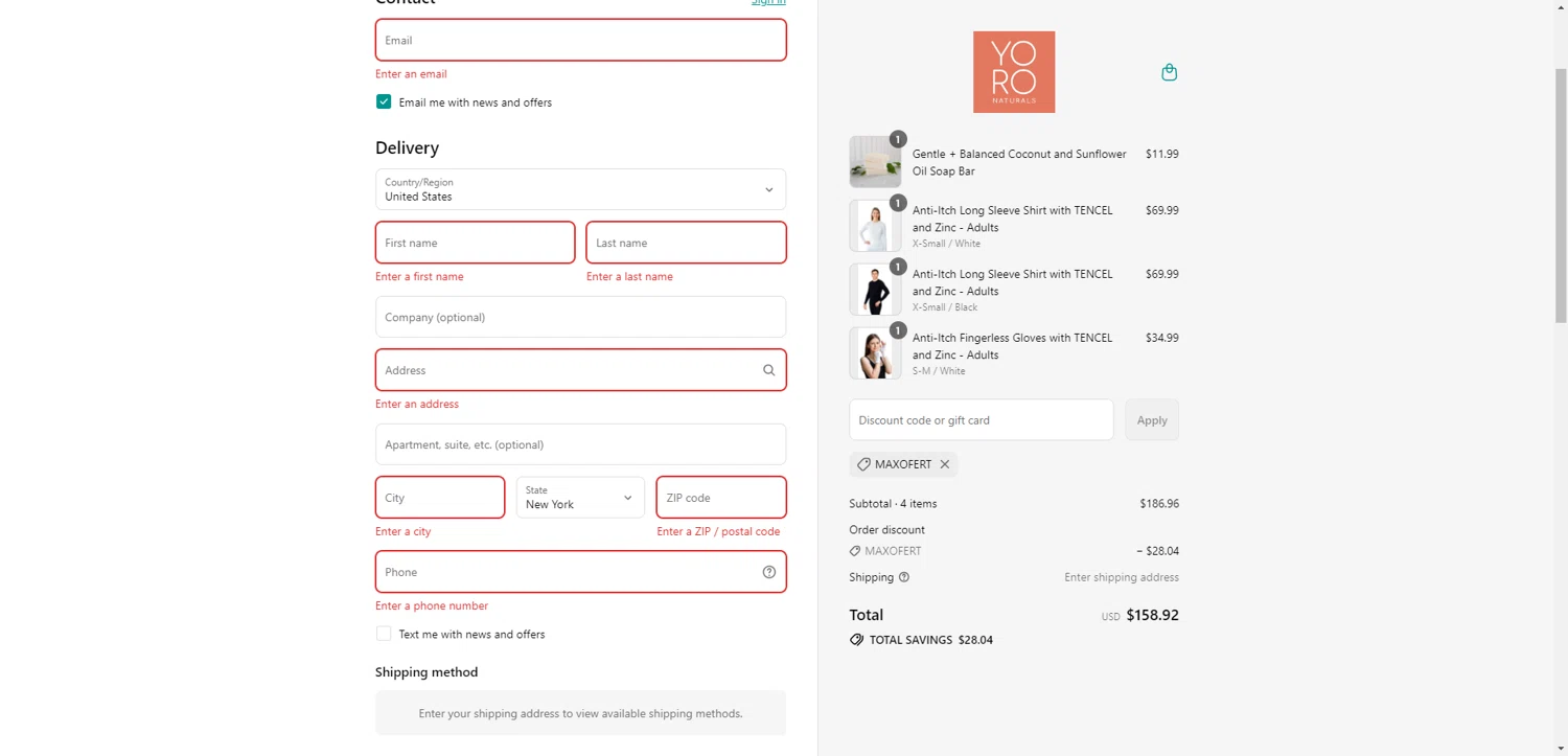 YoRo Naturals promo code screenshot showing code MAXOFERT applied at YoRo Naturals checkout page. Uploaded by SimplyCodes community member PennyRanger8219 on Sep 9, 2025