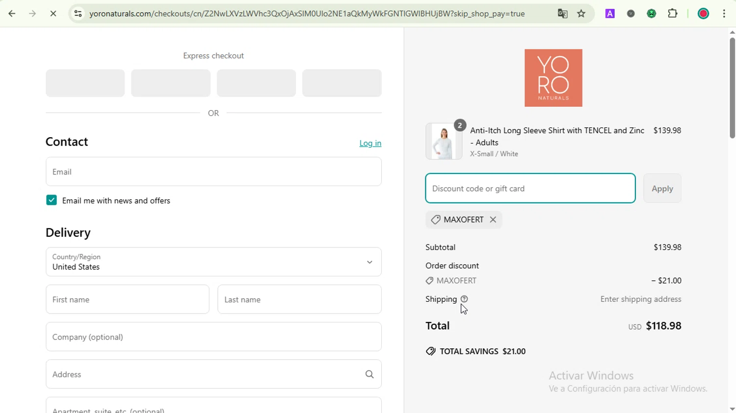 YoRo Naturals promo code screenshot showing code MAXOFERT applied at YoRo Naturals checkout page. Uploaded by SimplyCodes community member LOVECOUPON on Apr 18, 2025