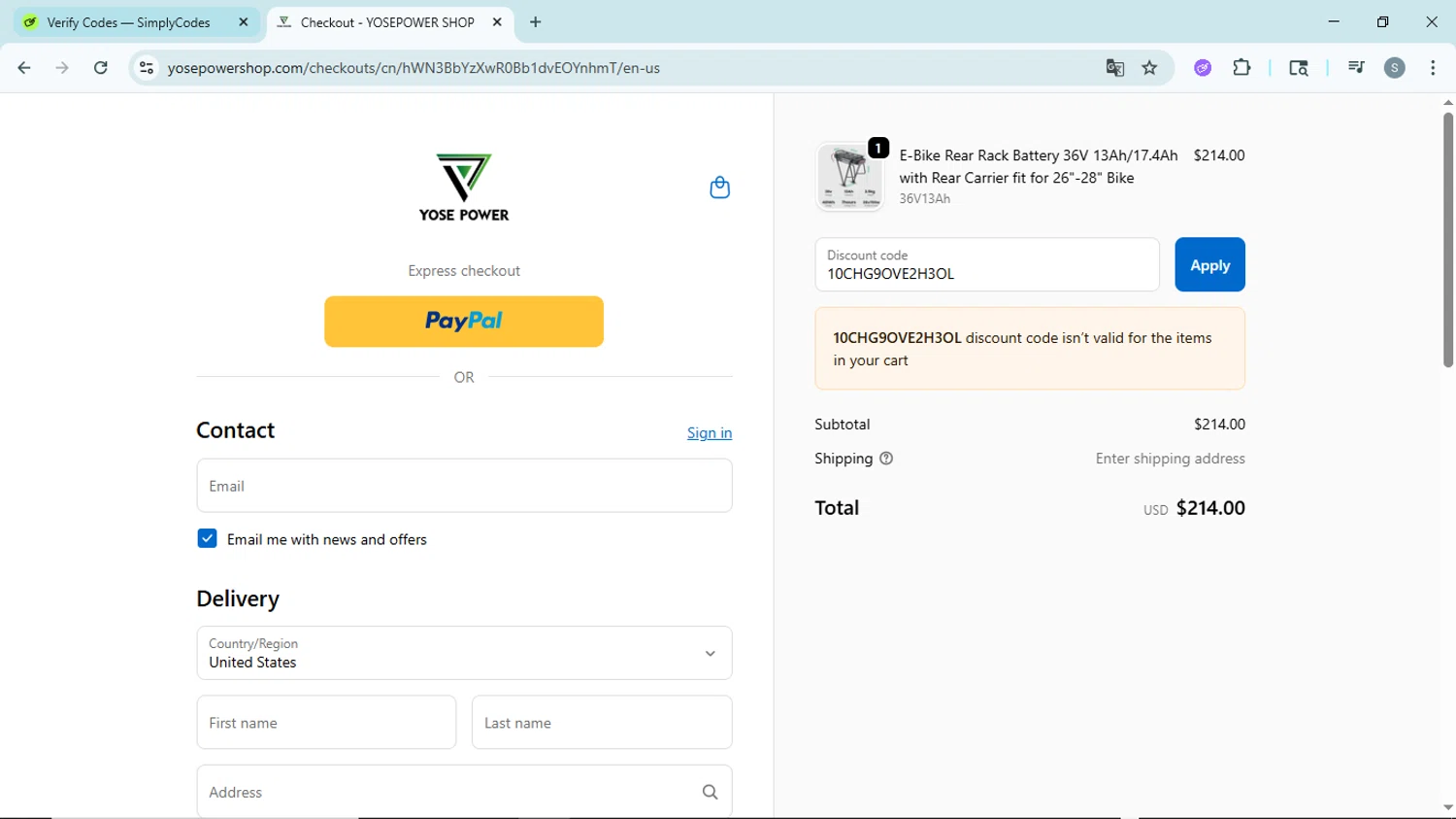 YOSEPOWER SHOP promo code screenshot showing code 10CHG9OVE2H3OL applied at YOSEPOWER SHOP checkout page. Uploaded by SimplyCodes community member EpicScholar6418 on Sep 20, 2025