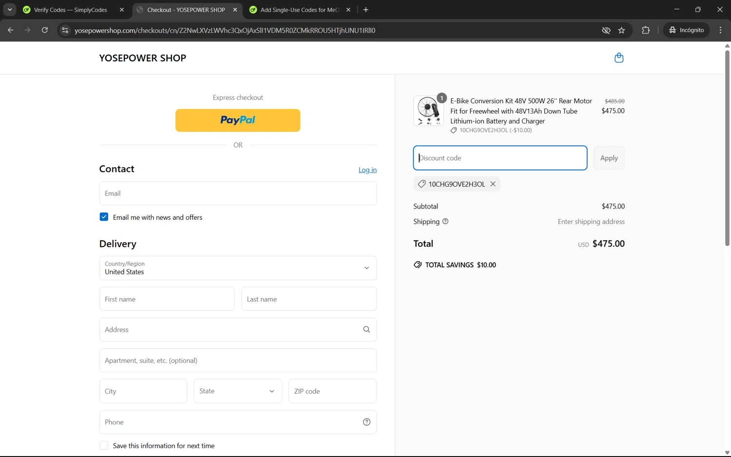 YOSEPOWER SHOP promo code screenshot showing code 10CHG9OVE2H3OL applied at YOSEPOWER SHOP checkout page. Uploaded by SimplyCodes community member juan1702 on Apr 6, 2025