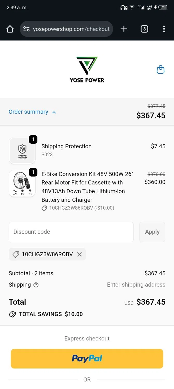 YOSEPOWER SHOP promo code screenshot showing code 10CHGZ3W86ROBV applied at YOSEPOWER SHOP checkout page. Uploaded by SimplyCodes community member Nickurtdale on Nov 14, 2025