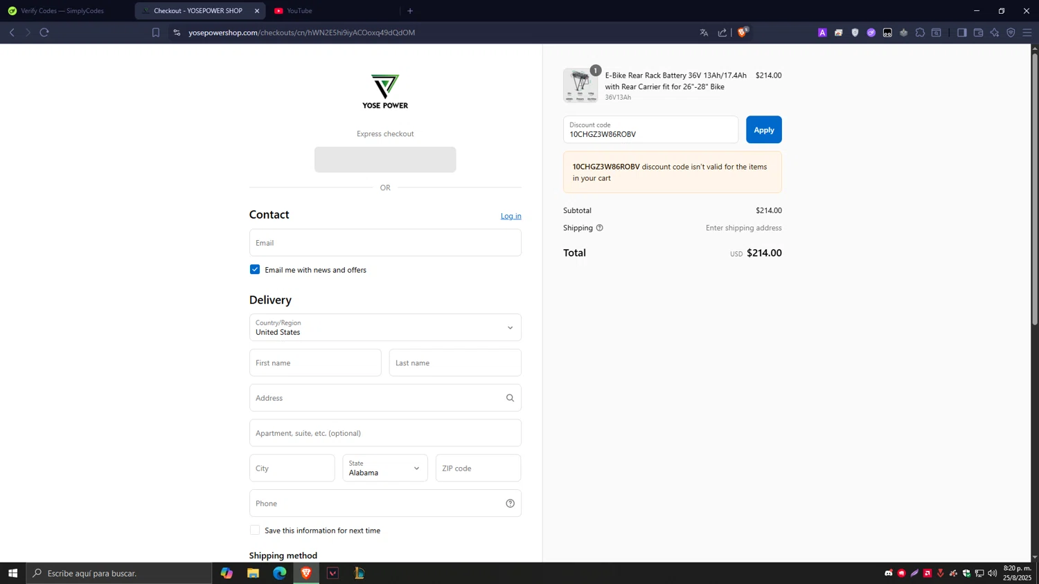 YOSEPOWER SHOP promo code screenshot showing code 10CHGZ3W86ROBV applied at YOSEPOWER SHOP checkout page. Uploaded by SimplyCodes community member Tragedy on Aug 26, 2025