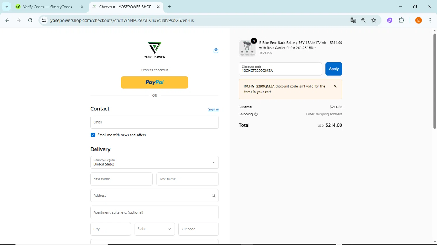 YOSEPOWER SHOP promo code screenshot showing code 10CHGT2290QMZA applied at YOSEPOWER SHOP checkout page. Uploaded by SimplyCodes community member BudgetFox5491 on Oct 18, 2025