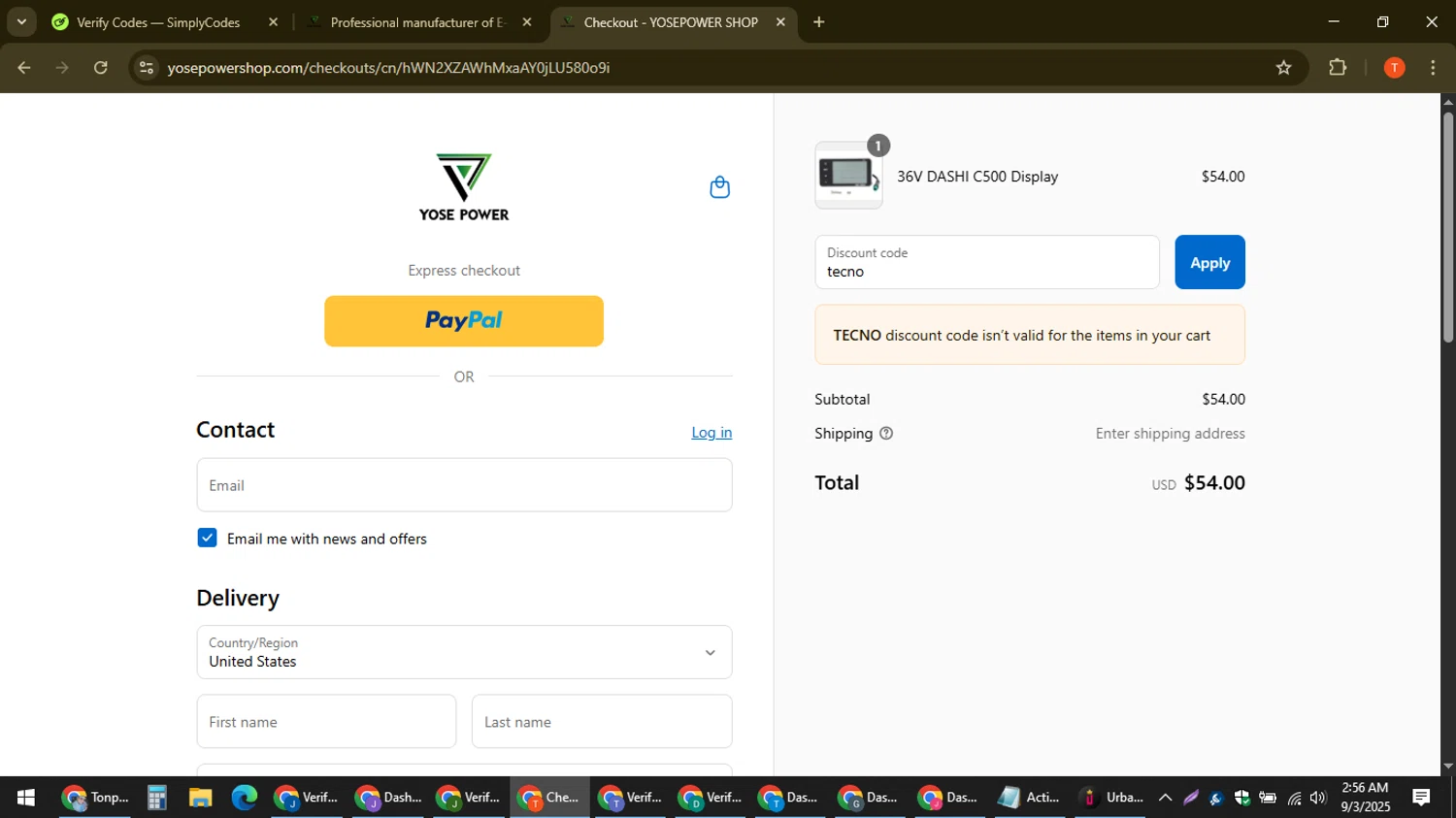 YOSEPOWER SHOP promo code screenshot showing code tecno applied at YOSEPOWER SHOP checkout page. Uploaded by SimplyCodes community member ShrewdAce8338 on Sep 3, 2025