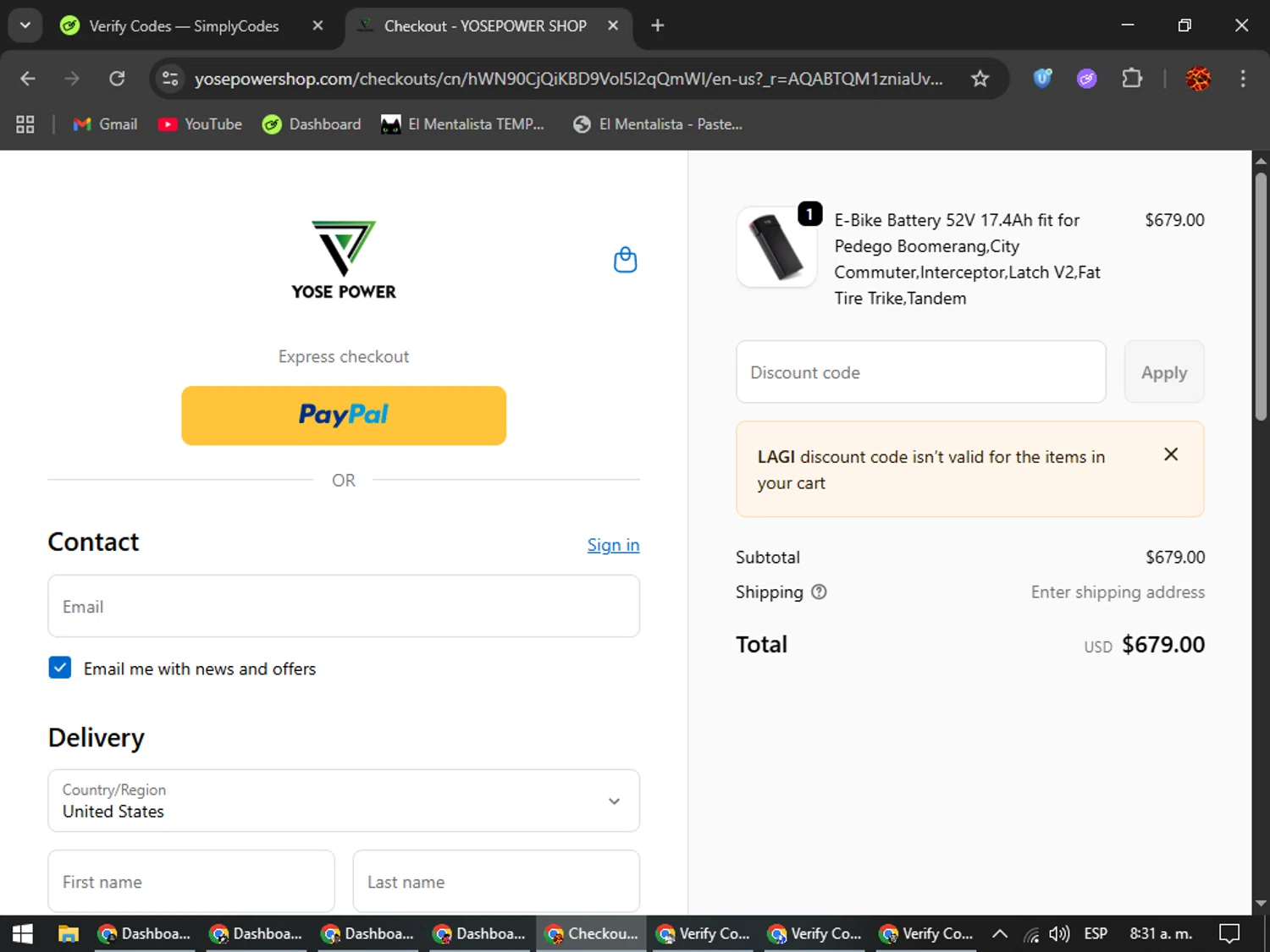 YOSEPOWER SHOP checkout page showing YOSEPOWER SHOP promo code box | Screenshot taken by SimplyCodes community member on Feb 20, 2026