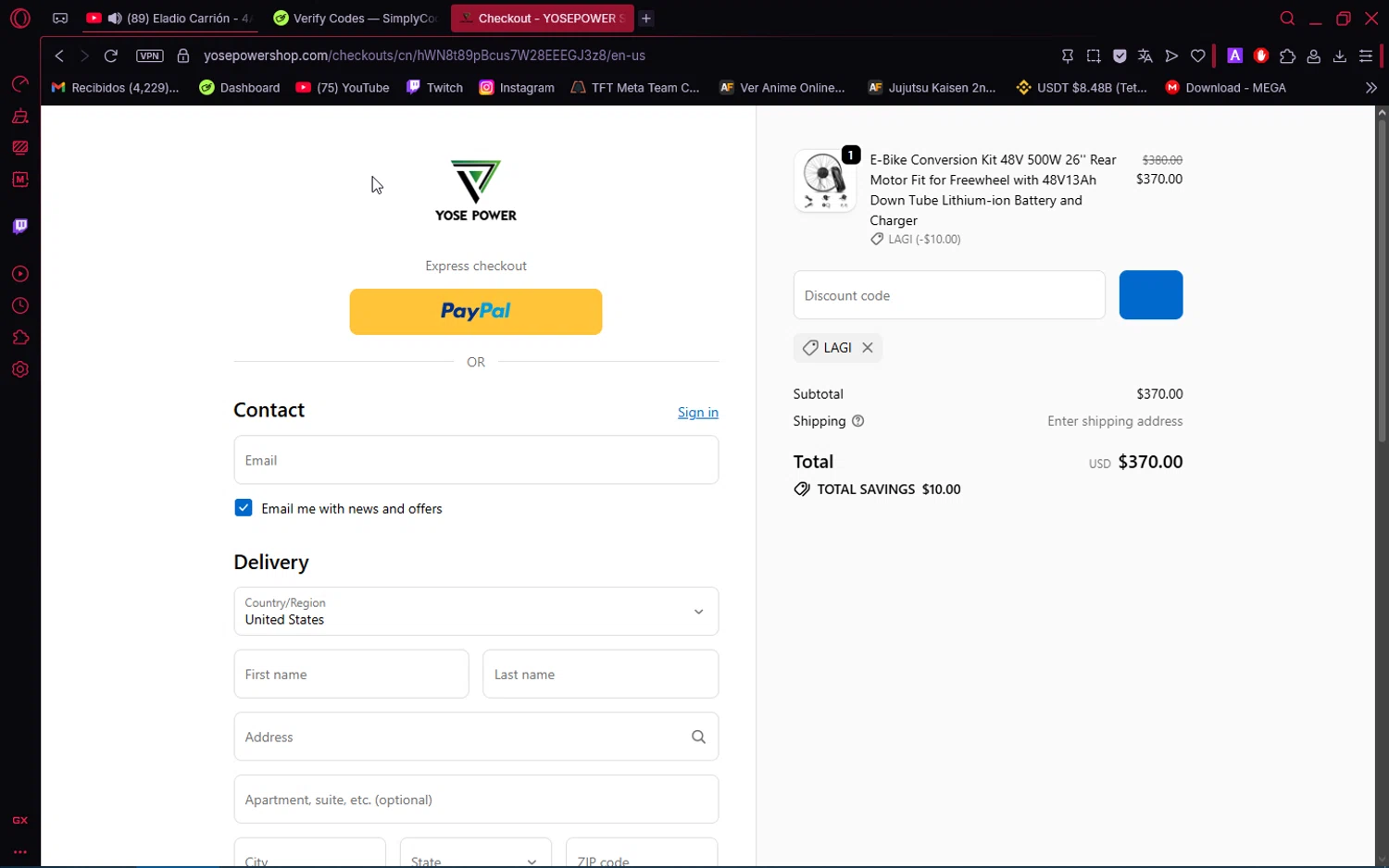 YOSEPOWER SHOP checkout page showing YOSEPOWER SHOP promo code box | Screenshot taken by SimplyCodes community member on Feb 17, 2026