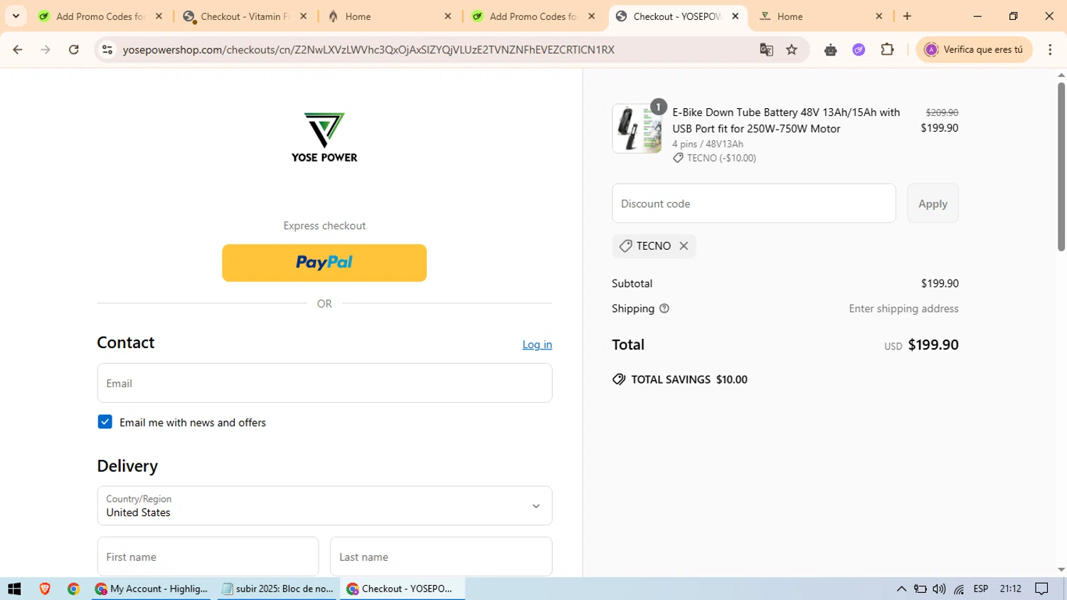 YOSEPOWER SHOP promo code screenshot showing code tecno applied at YOSEPOWER SHOP checkout page. Uploaded by SimplyCodes community member ScanExpert2824 on May 23, 2025